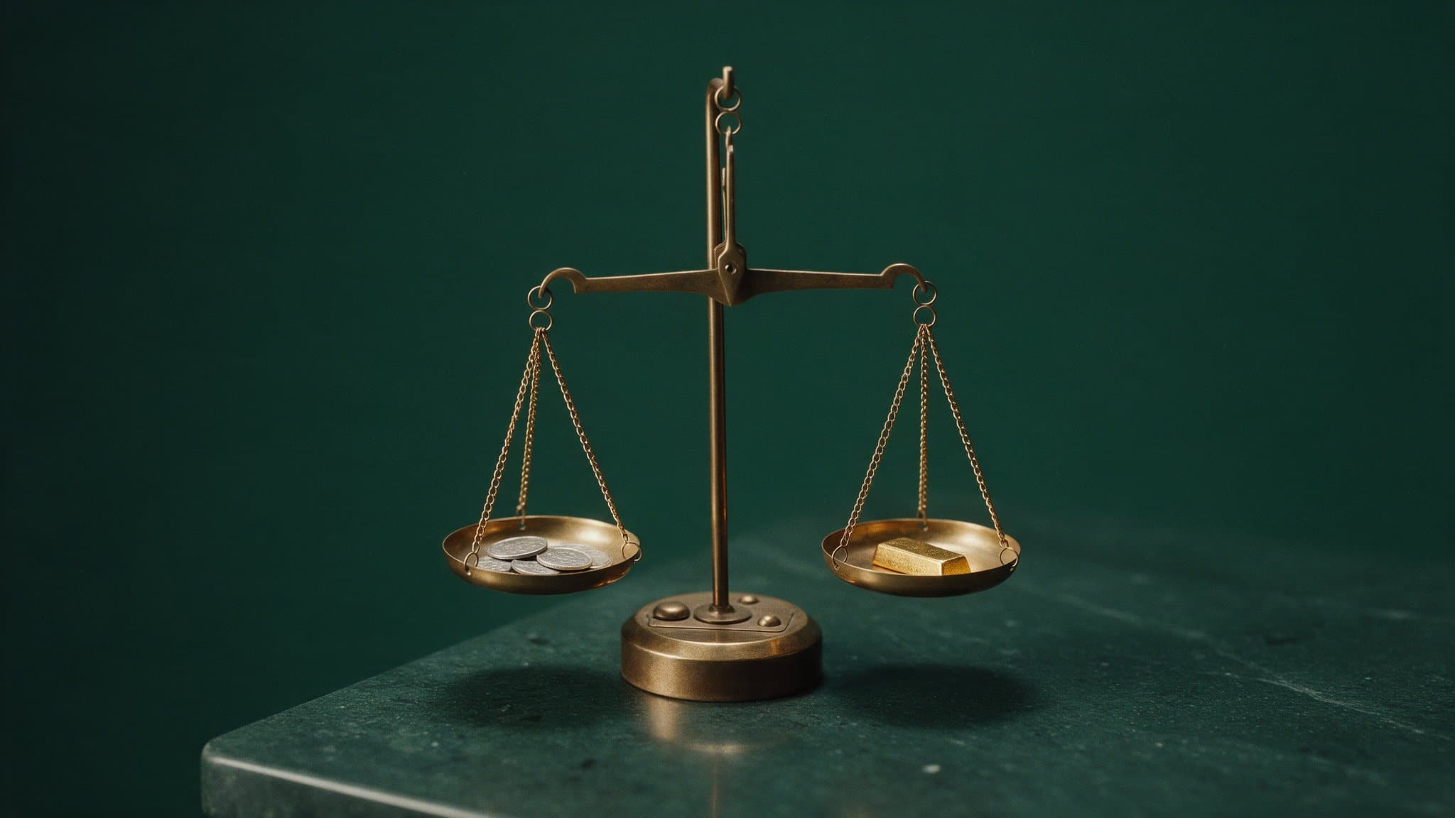 A brass balance with silver coins and a gold bar